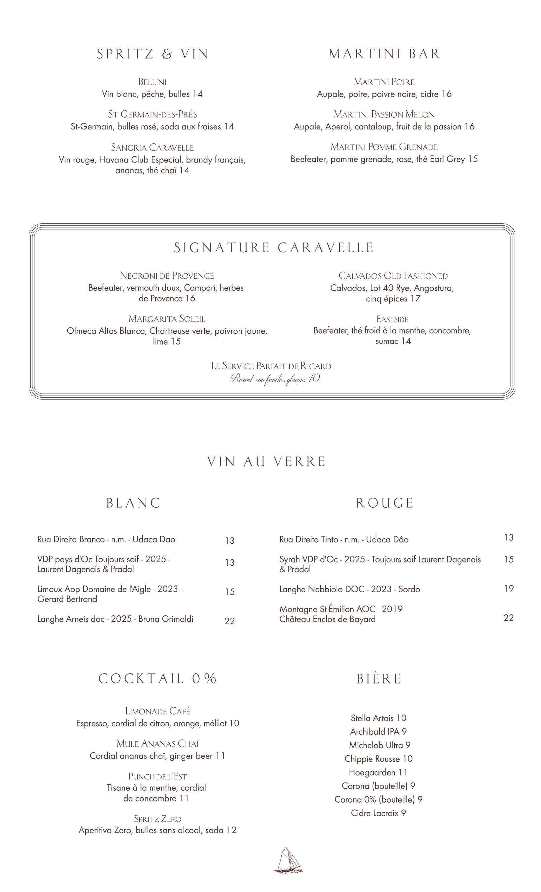 Carte des cocktails et vins du Restaurant Caravelle