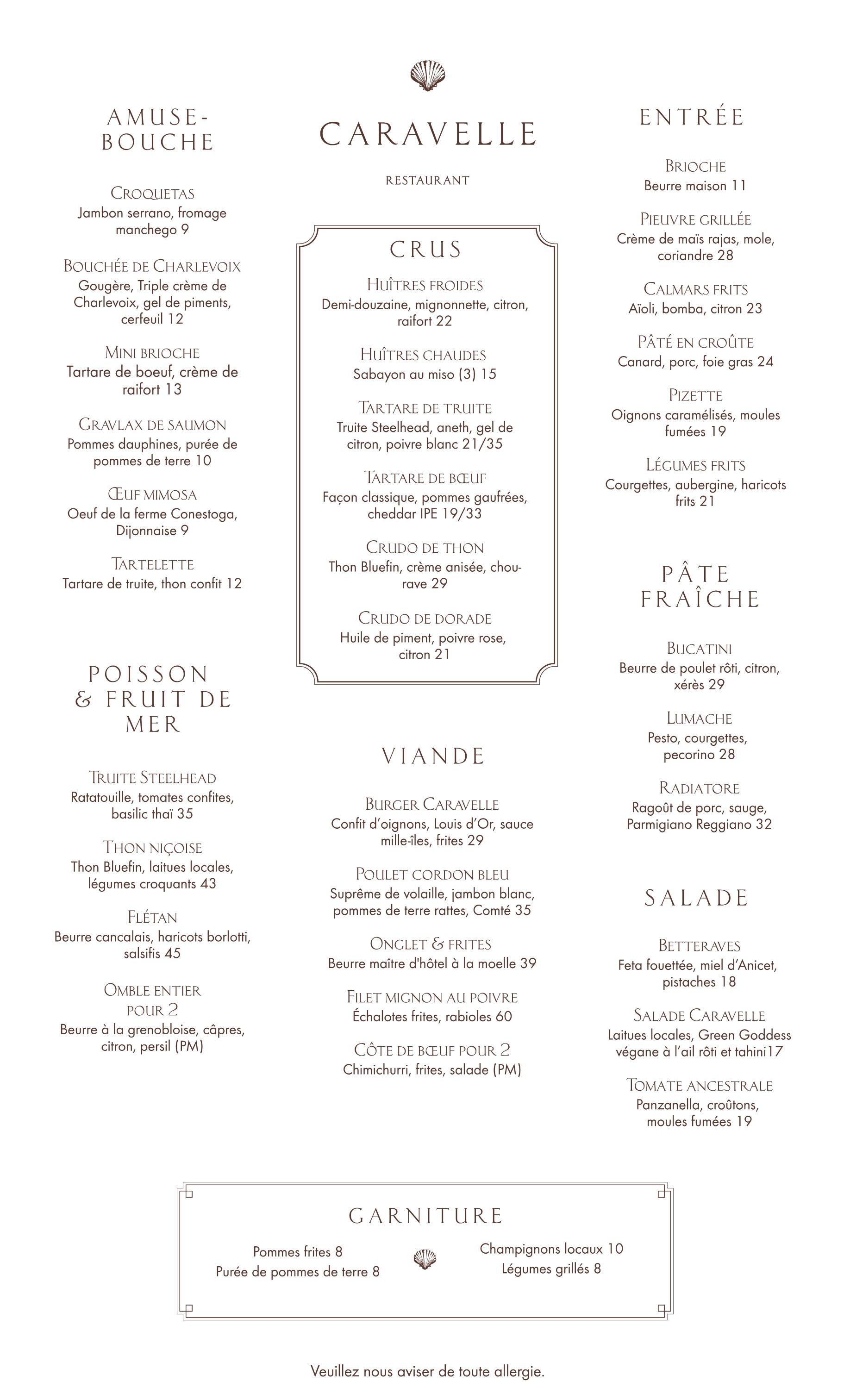 Carte du soir, cuisine du Restaurant Caravelle
